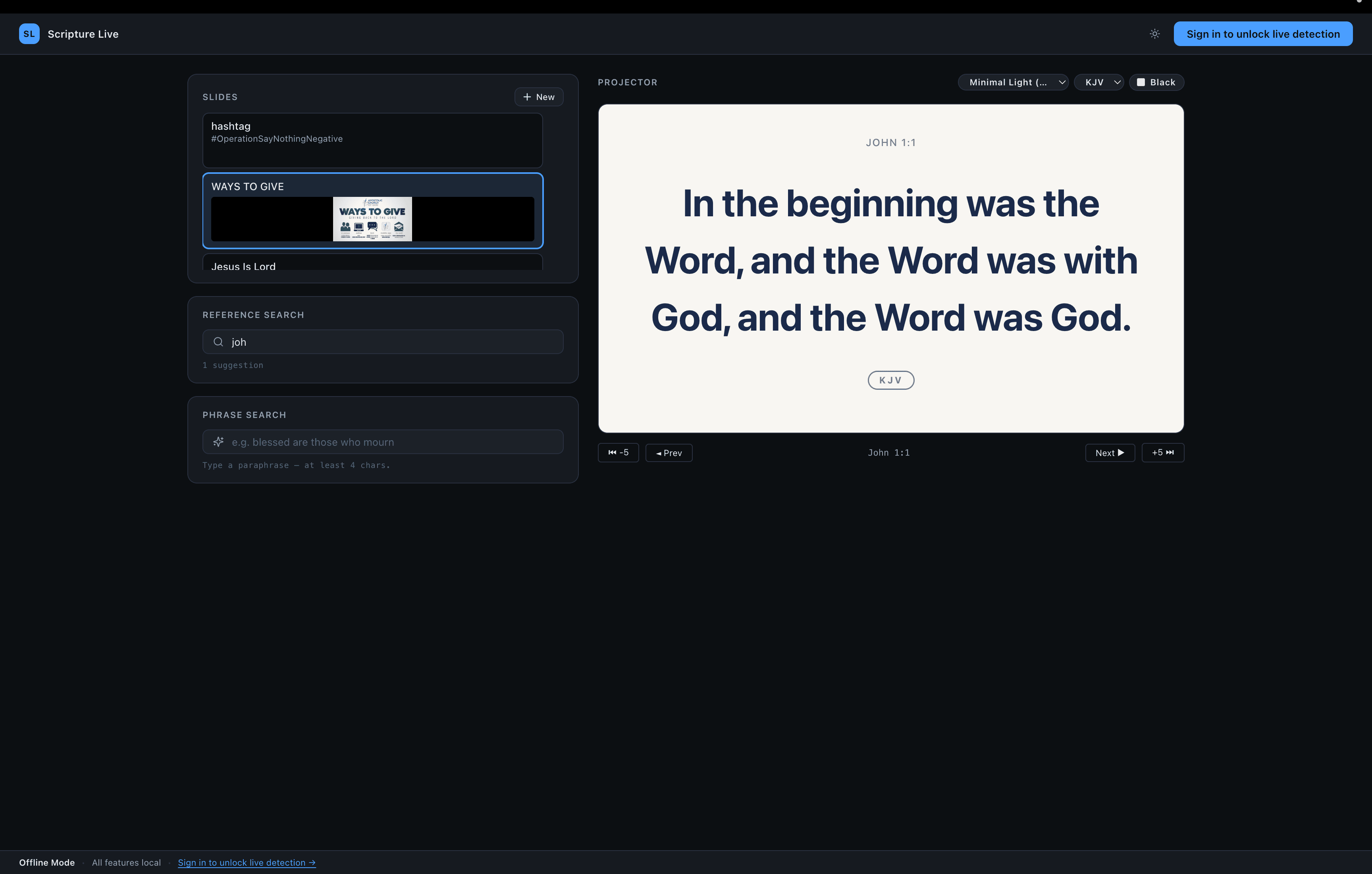 Offline workspace in dark mode — custom slides panel on the side, projector preview, and reference search
