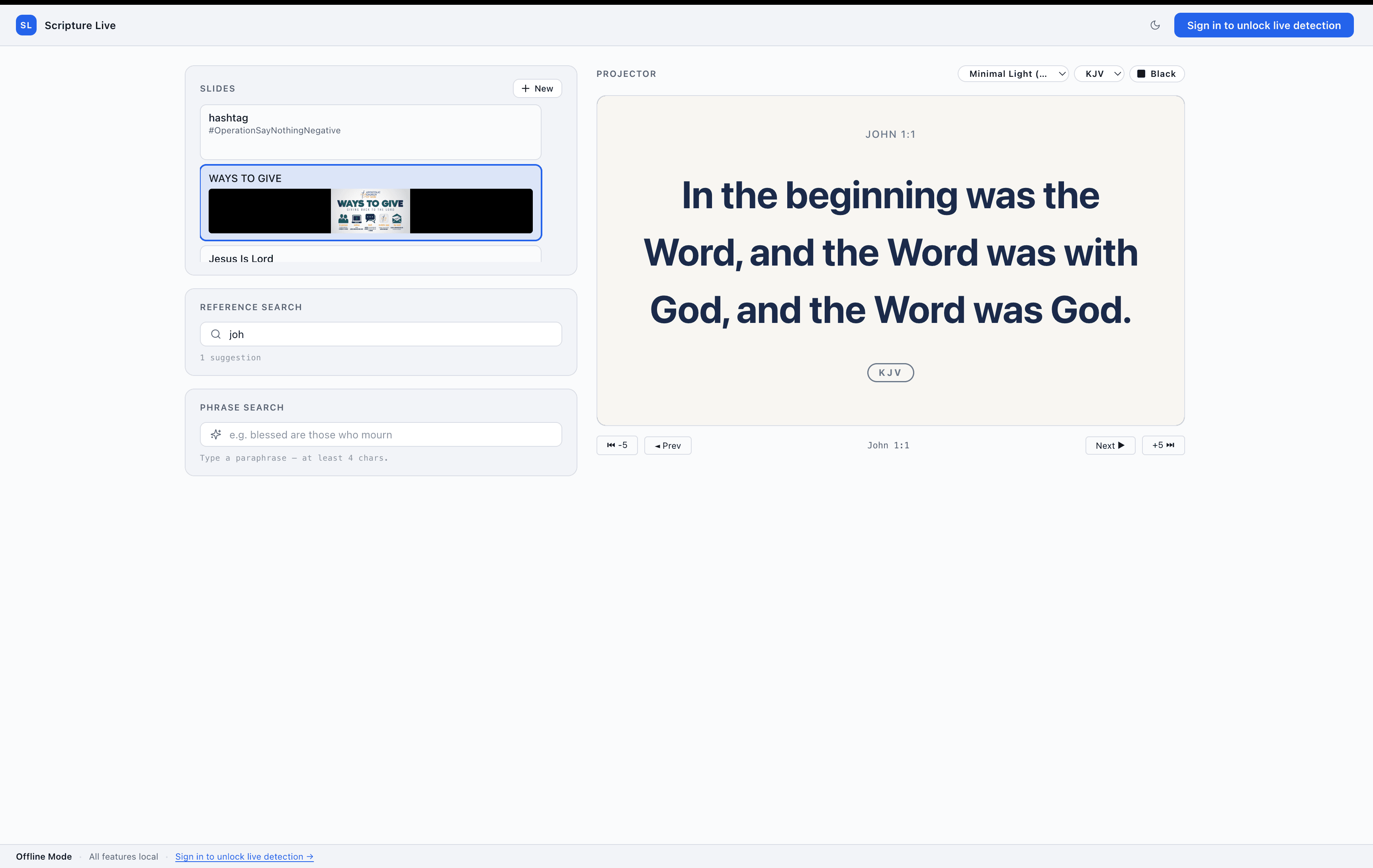 Offline workspace — custom slides panel on the side, projector preview, and reference search running without a subscription