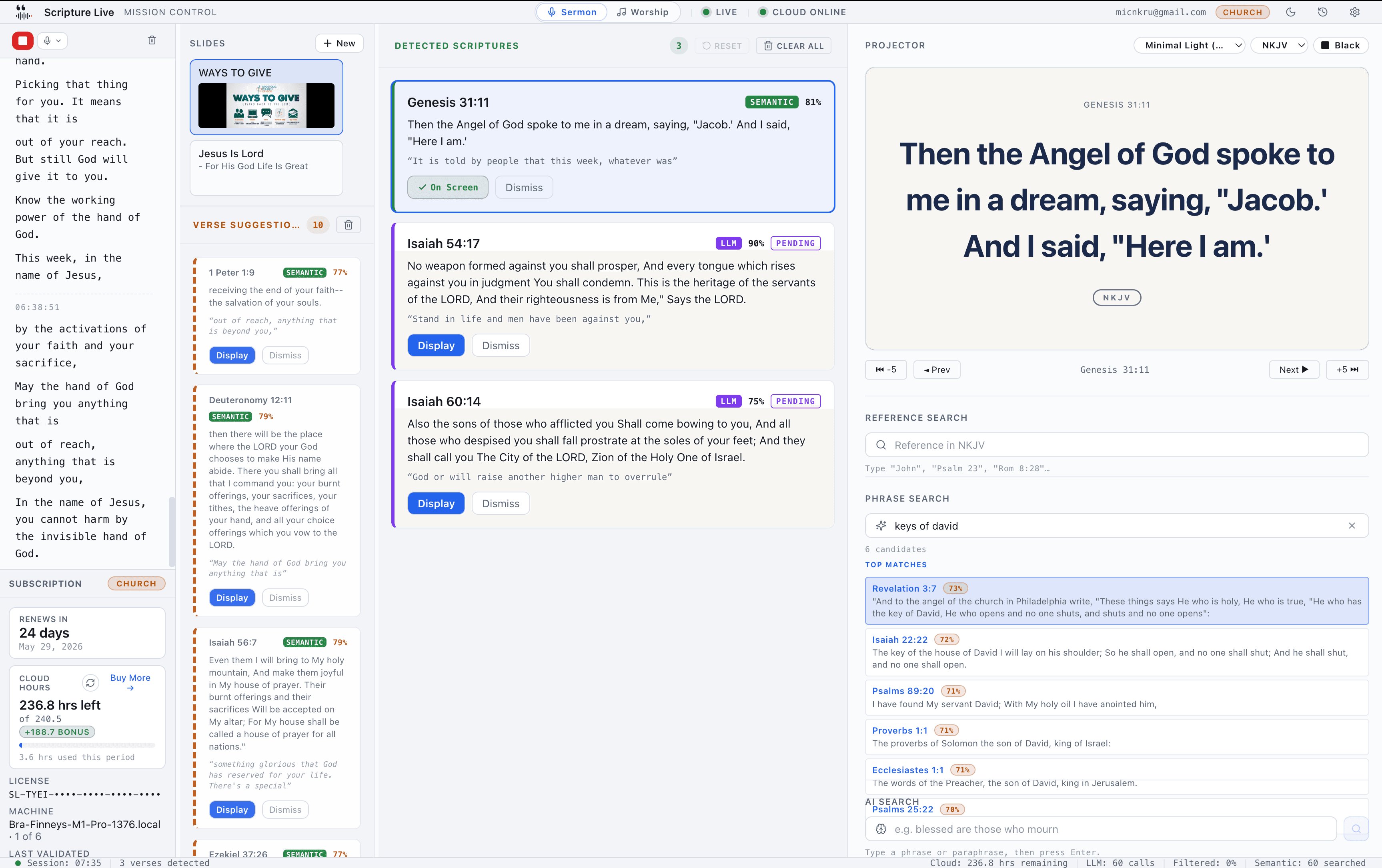 Sermon Studio — live transcript on the left, verse-suggestion column, detection cards in the middle, projector preview and search tools on the right