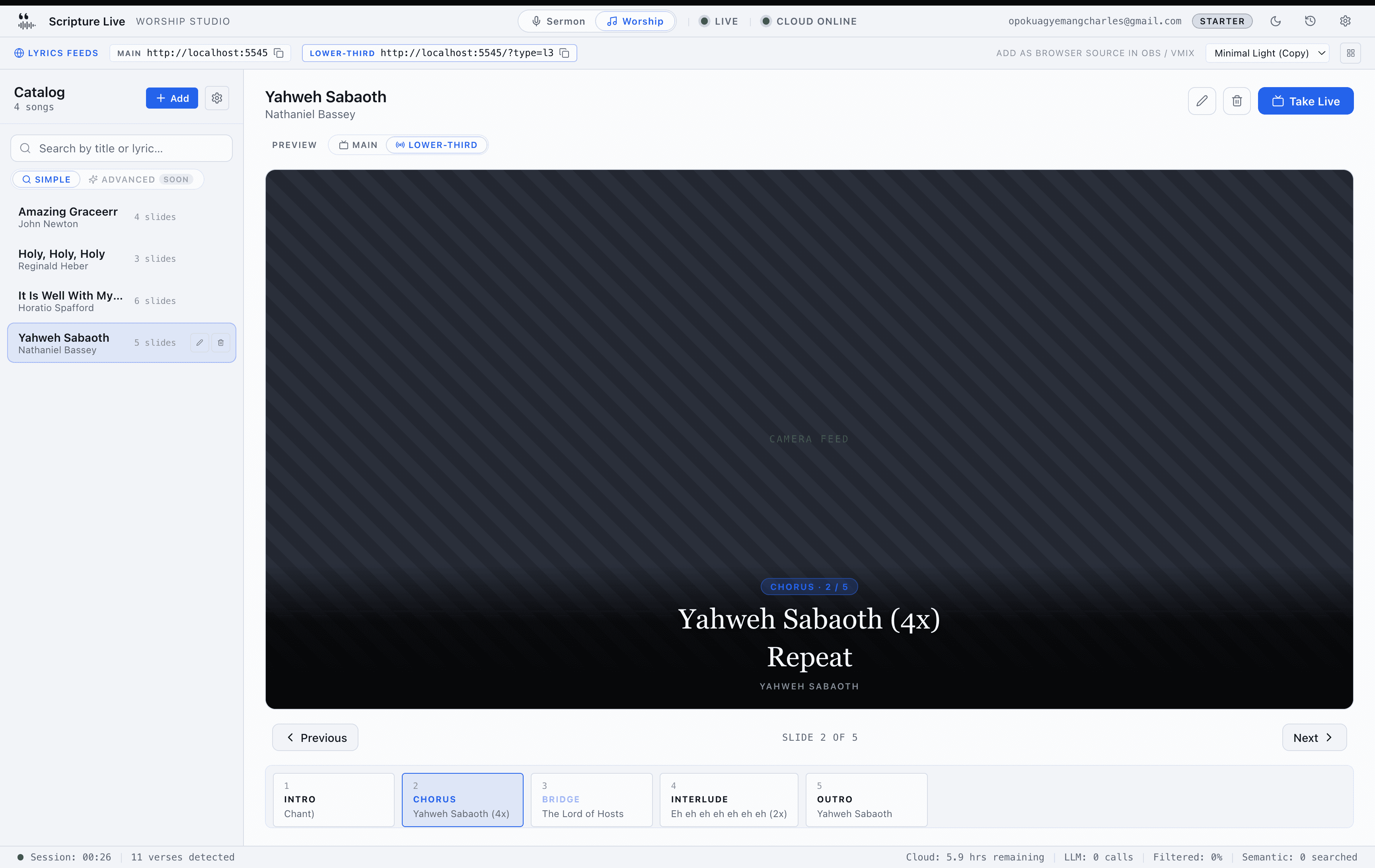 Lower-third overlay preview — transparent dark strip across the bottom of the source, with the active section badge and lyrics composited cleanly over a live camera feed