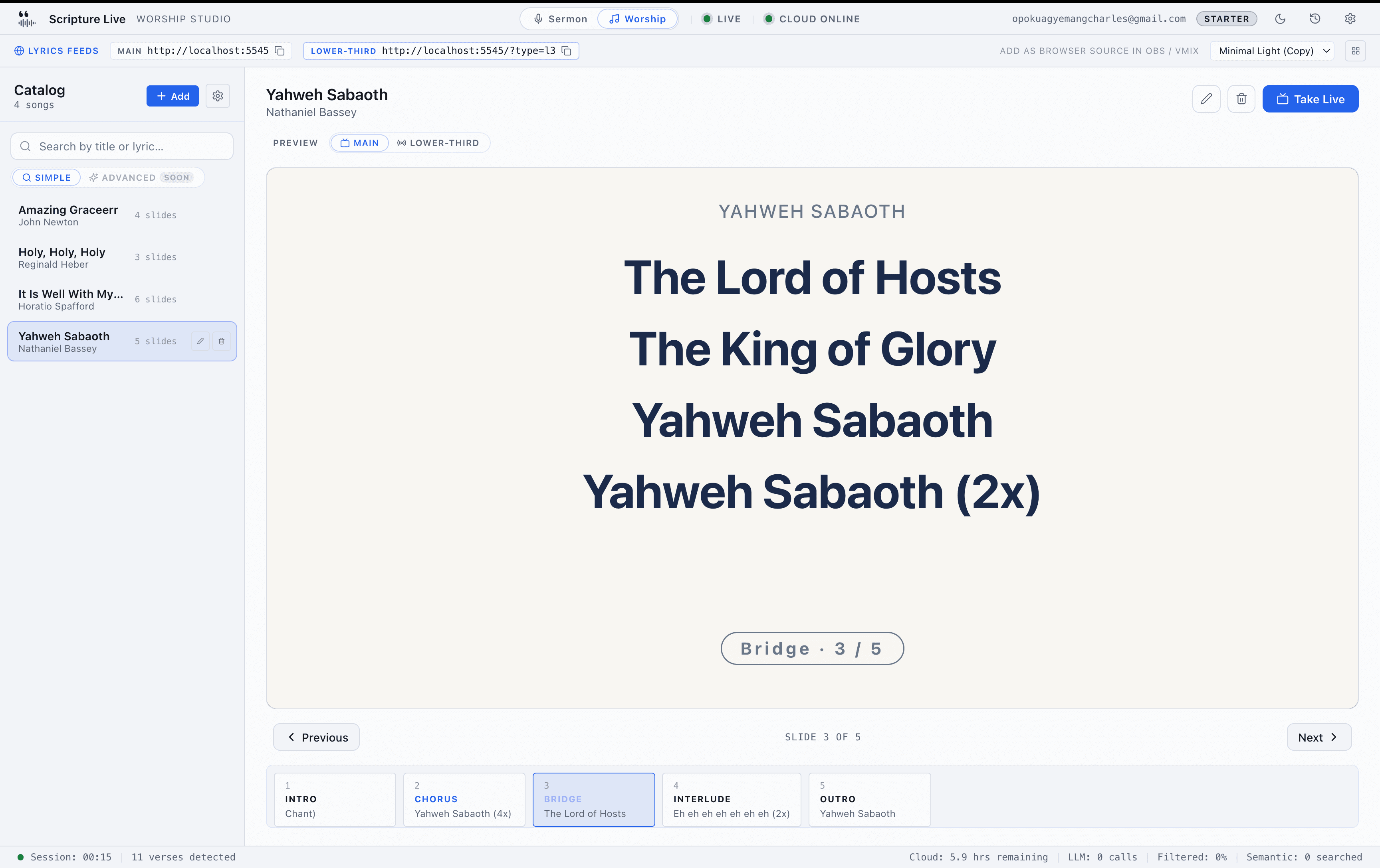 Worship Studio — catalog rail on the left, song header at the top, full-screen lyrics preview in the centre, and a slide rail at the bottom